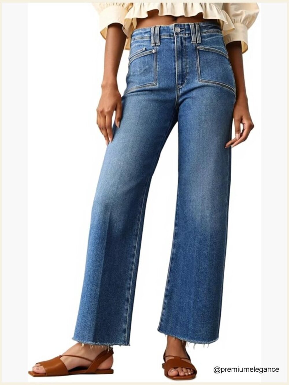 High Waisted Cropped Jeans Trendy Stretchy Baggy Straight Leg Raw Hem Capri